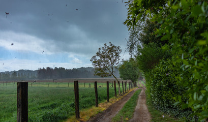 field track on a rural location on a stormy day