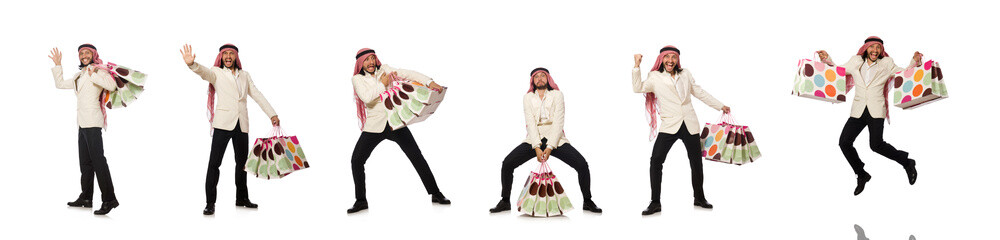 Arab man with shopping bags on white