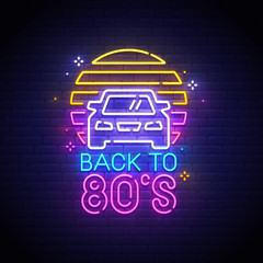 Back to 80s neon sign, bright signboard, light banner. Back to 80's logo neon, emblem. Vector illustration