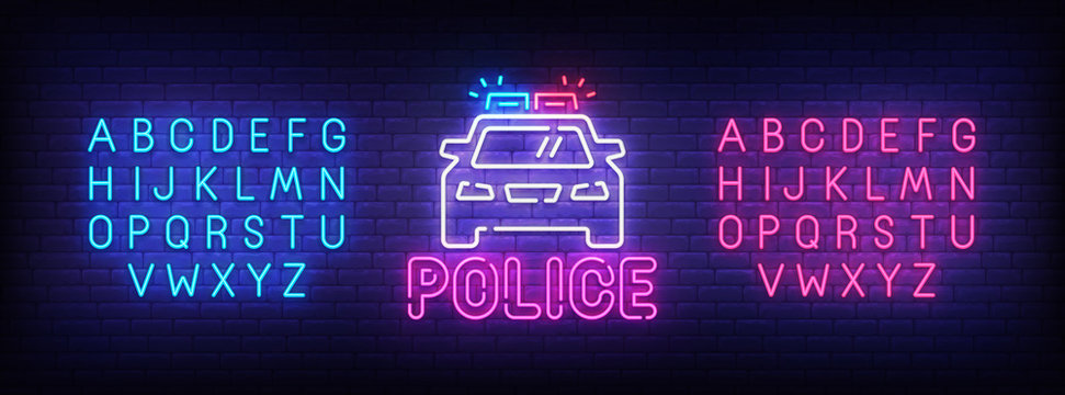 Police neon sign, bright signboard, light banner. Police logo, emblem and label. Neon sign creator. Neon text edit