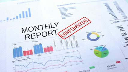 Monthly report confidential, seal stamped on official document, business project