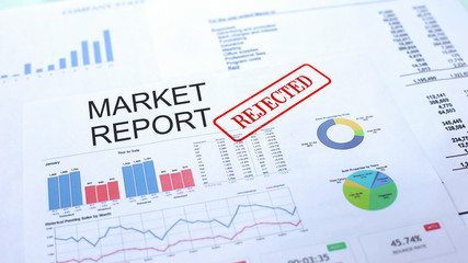 Market report rejected, seal stamped on official document, business project