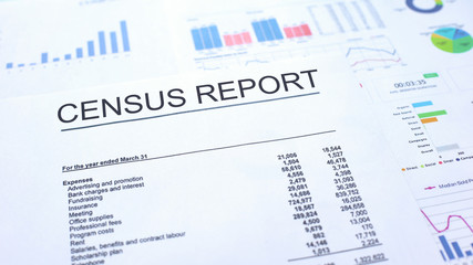 Obraz premium Census report lying on table, graphs charts and diagrams, official document
