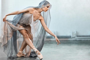Ballet practice. Beaty and grace of female professional ballet dancer on scene during performance. Scenic costume emphasizes the plasticity of movements