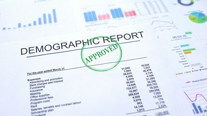 Demographic report approved, seal stamped on official document, business project