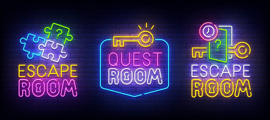 Quest Room neon logo. Escape Room label and emblem. Neon sign, isolated sticker, bright signboard, light banner. Vector illustration