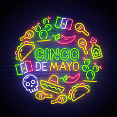 Fototapeta premium Cinco De Mayo neon sign, bright signboard, light banner. Mexico logo Mexican icons. Icon from Cinco De Mayo