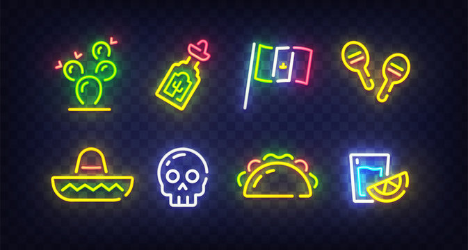 Cinco De Mayo Icons. Icon From Mexican. Cinco De Mayo Neon Sign. Cactus, Flag Mexico, Tequila, Mexican Hat, Skull, Taco, Maracas, Chilli, Shot Icon. Vector Illustration