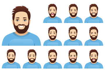 Handsome bearded man with different facial expressions set vector illustration isolated
