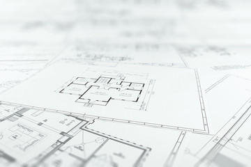 Architectural construction drawings, construction projects on paper. The concept of architecture, construction, engineering. Copy space.