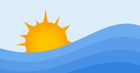 Summer background. Sun and water waves. Sunrise or sunset at ocean or sea. Vector illustration.