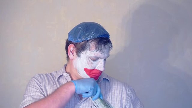 excerpt from the short speech of the funny actor men mime.actor performs with a stack of hundred dollar bills.pantomime.