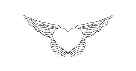 Flying heart with wings line illustration with editable stroke.nLove concept. Tattoo Linear heraldic element. Vector illustration isolated on white background.