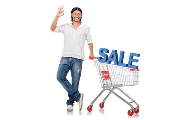 Man in sale and discount shopping concept