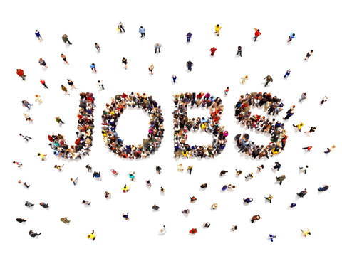 Jobs concept .3d rendering of a diverse large group of people forming the shaped text word for people finding jobs and employment opportunity. Illustration is on an isolated white background