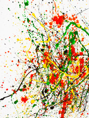 splashes on red and black and green and yellow paint. vertical