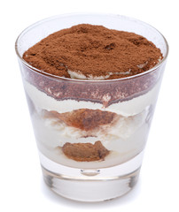 Classic tiramisu dessert in a glass isolated on a white background with clipping path