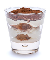 Classic tiramisu dessert in a glass isolated on a white background with clipping path