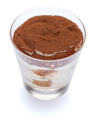 Classic tiramisu dessert in a glass isolated on a white background with clipping path
