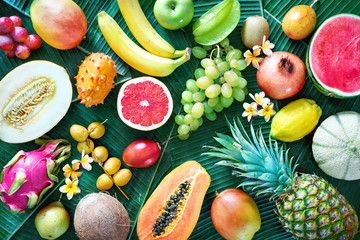 Assortment of tropical fruits on leaves of palm trees