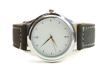 wristwatch with white screen chrome edging with black strap for men and women isolate with a shadow