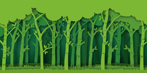 Paper art and digital craft style of Eco green nature background, forest plantation as ecology and environment conservation creative idea concept. Vector illustration.