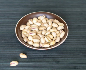 Healthy food  for background image close up pistachios nuts. Texture on top view Nuts pistachio on the cup plate