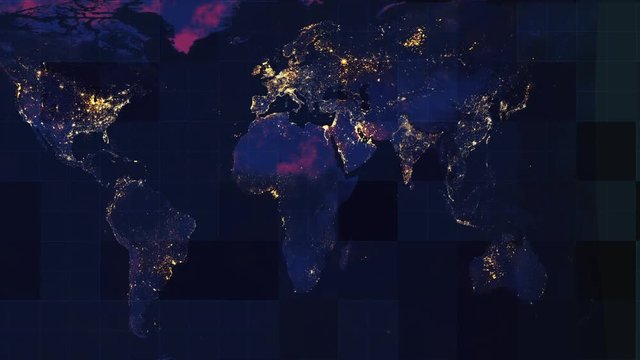 Animated world map with visual effects and luminous connections in different places on the map.