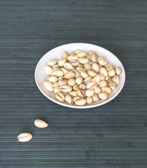 Healthy food  for background image close up pistachios nuts. Texture on top view Nuts pistachio on the cup plate