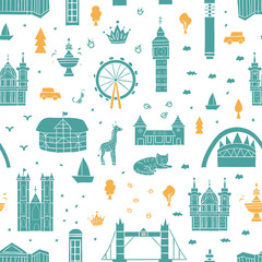 Vector seamless pattern with London attractions in cartoon style. Repeating background with main English sightseeing and places of interest. Background for travel guide or poster