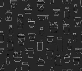 Vector seamless pattern of different kinds of yoghurt. Hand drawn repeating background of organic fresh dairy products on black background. Natural food line drawing collection.