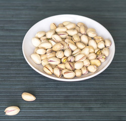Healthy food  for background image close up pistachios nuts. Texture on top view Nuts pistachio on the cup plate