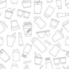Vector seamless pattern of different kinds of yoghurt. Hand drawn repeating background of organic fresh dairy products. Natural food line drawing collection.