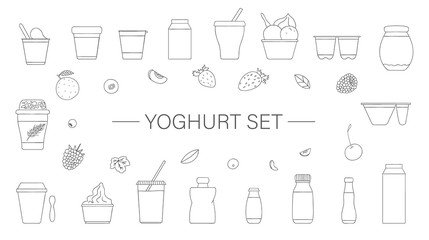 Vector set of different kinds of yoghurt with fruit and berry. Hand drawn set of organic fresh dairy products isolated on white background. Natural food line drawing collection