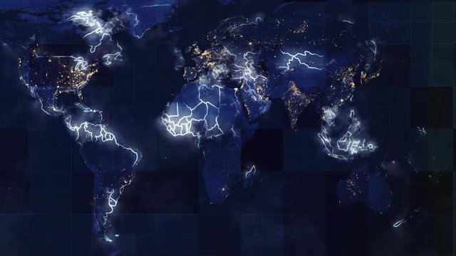 Animation of a global map of the world with visual effects and light connections in different places