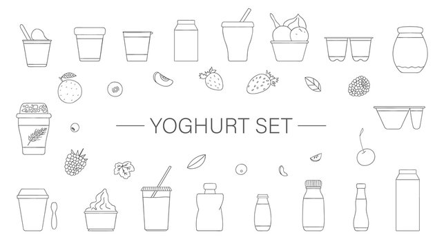 Vector set of different kinds of yoghurt with fruit and berry. Hand drawn set of organic fresh dairy products isolated on white background. Natural food line drawing collection