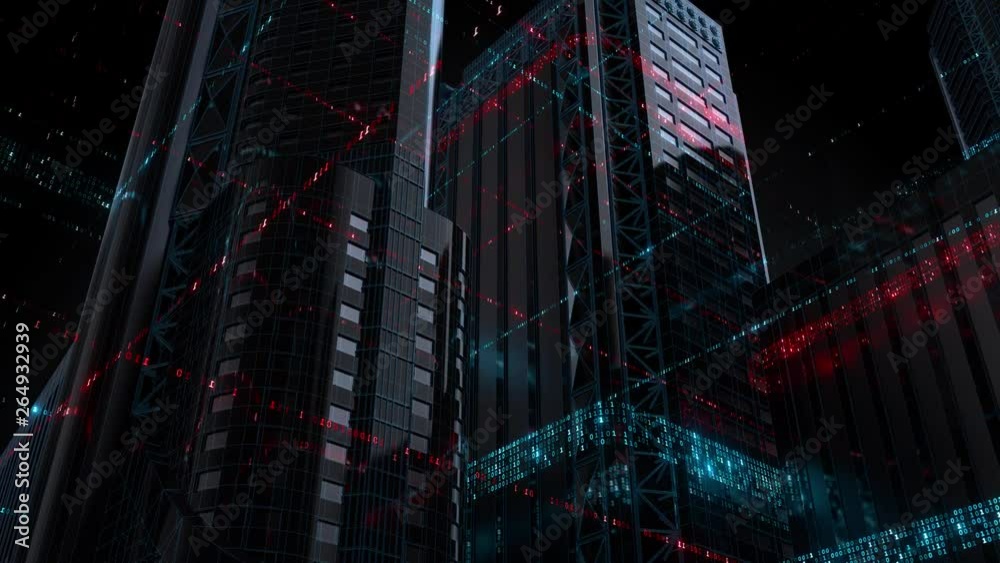 Poster 3d render technology background. abstract skyscrapers with code around them. wireframe structure and