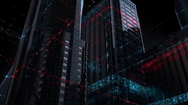 3d render technology background. Abstract skyscrapers with code around them. Wireframe structure and binary code around reflective buildings.