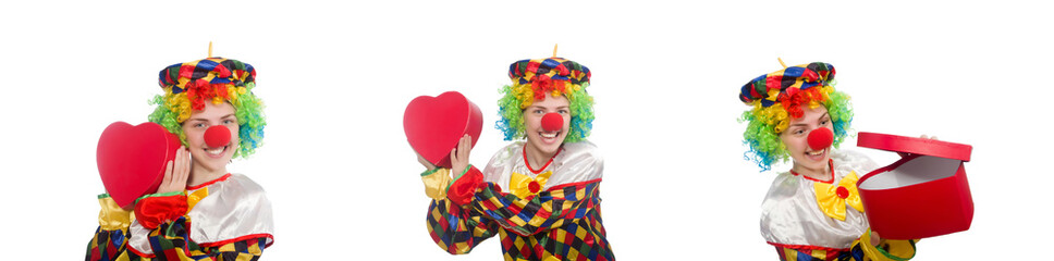 Clown with giftbox isolated on white