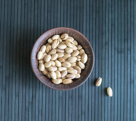 Healthy food  for background image close up pistachios nuts. Texture on top view Nuts pistachio on the cup plate