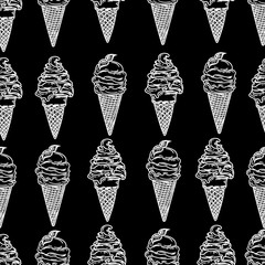 Seamless pattern of ice creams on black background.