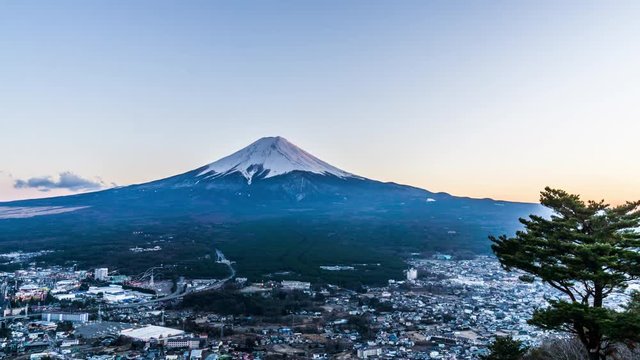 Timelapse and aerial view of Mt.Fuji and the village,day to sunset, Japan