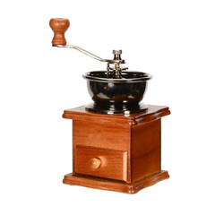 Vintage wooden manual coffee grinder. Close up, isolated on white background.