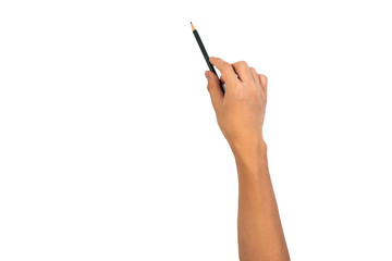 Black wooden classic pencil point up in asian boy hand isolated on white background. Close up of boy hand and black pencil for art, math and drawing.