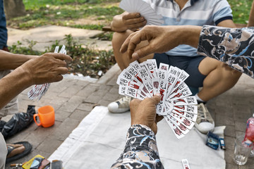 Asian gamers playing cards in park outdoors