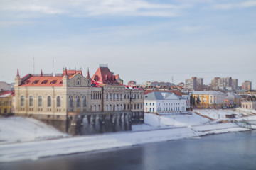 The building of the former grain exchange in Rybinsk in the winter on the Volga. Russia.