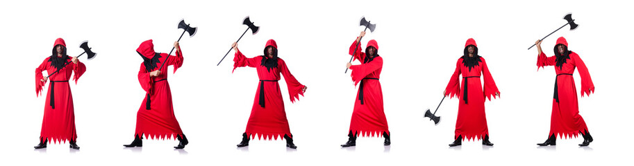 Executioner in red costume with axe on white