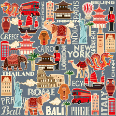 Seamless pattern of tourist attractions and objects of different countries. Vector color graphics