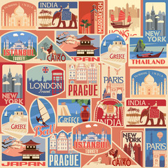 Set of retro travel stickers. Countries of Asia, Europe, America and Africa. Vector color graphics