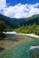 Fototapeta na wymiar 中部山岳国立公園。上高地の清流、梓川。松本　長野　日本。８月下旬。